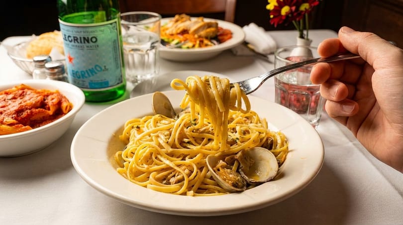 A hand twirls linguine with clams onto a fork, with other Italian dishes on a white tablecloth.