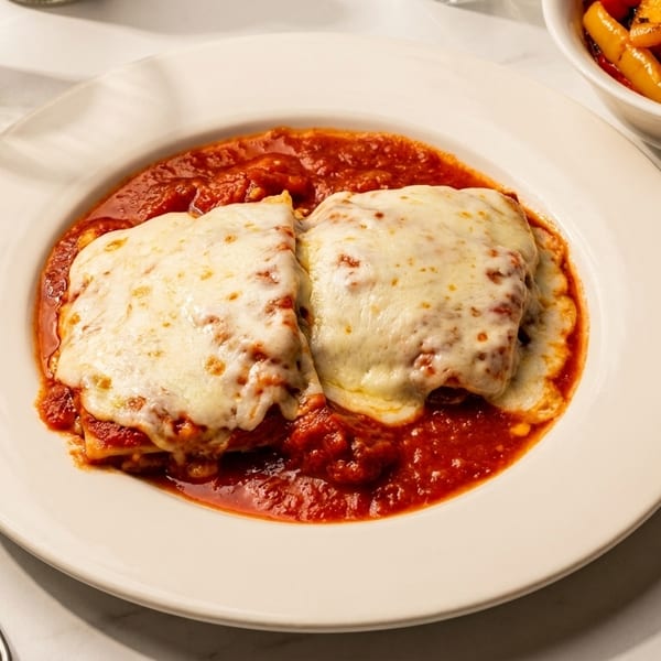 Two pieces of lasagna covered in melted cheese and red sauce, with a side of roasted peppers.