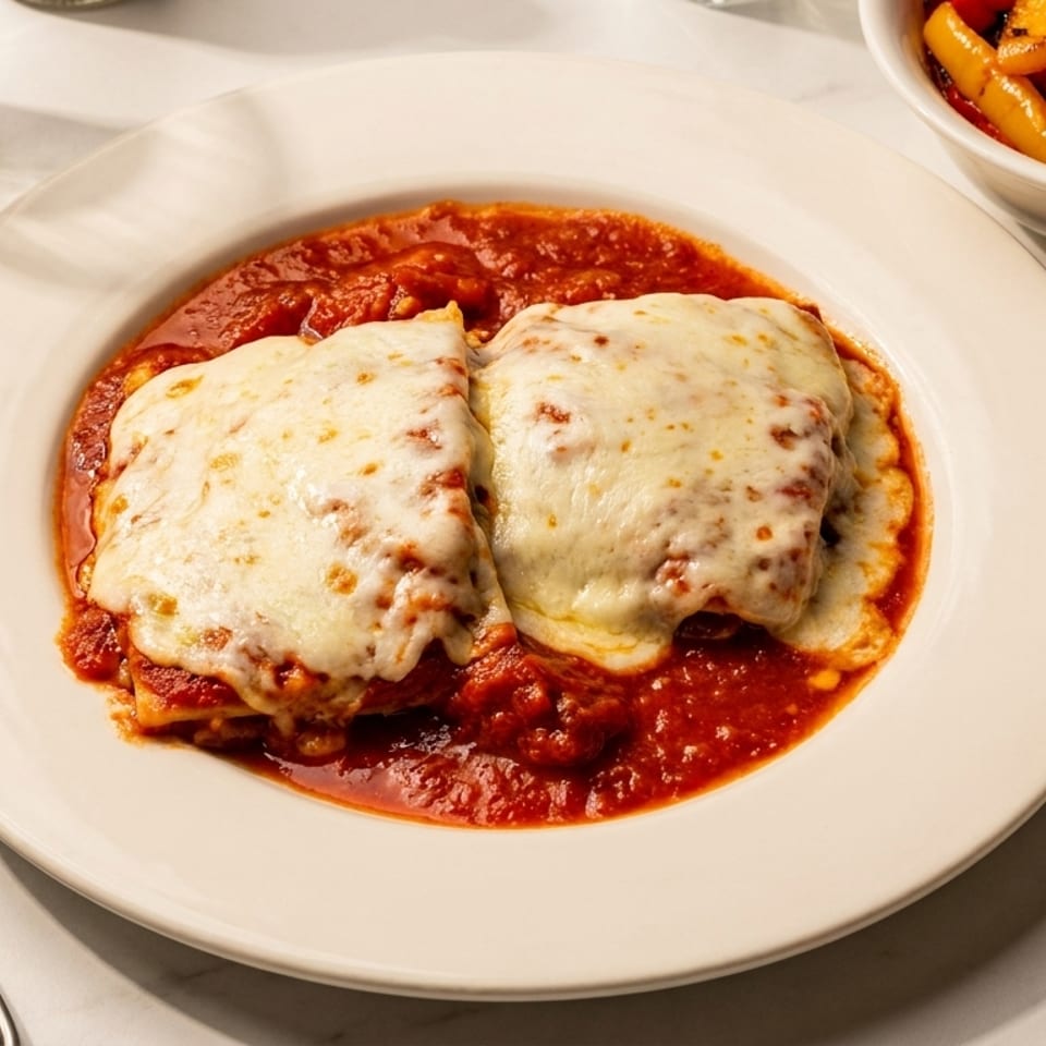 Two pieces of lasagna covered in melted cheese and red sauce, with a side of roasted peppers.
