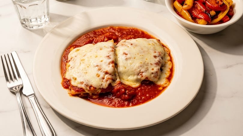 Two pieces of lasagna covered in melted cheese and red sauce, with a side of roasted peppers.