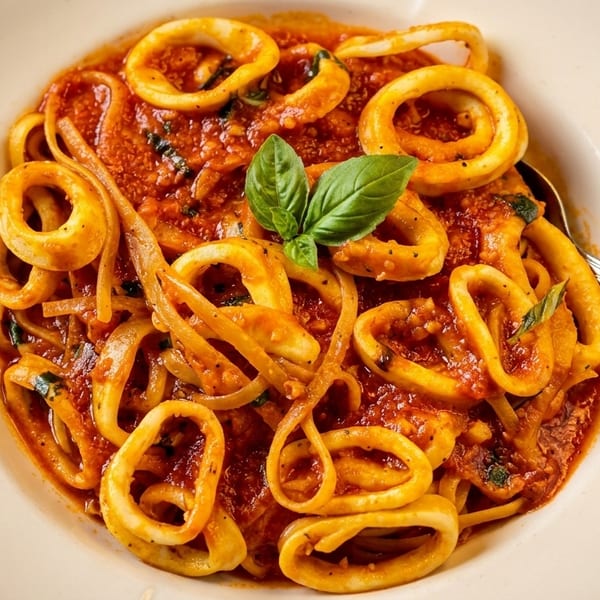 Close-up of calamari pasta with red sauce and basil in a white bowl with a spoon.