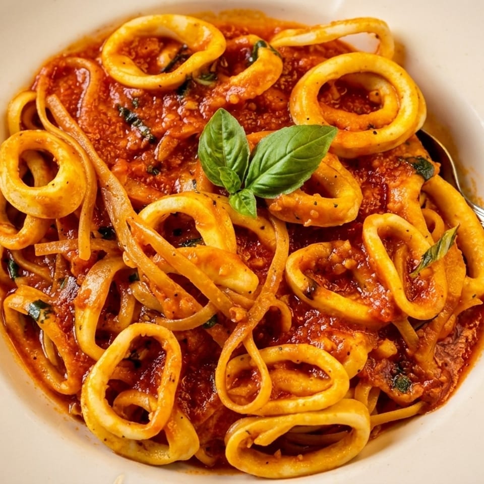 Close-up of calamari pasta with red sauce and basil in a white bowl with a spoon.