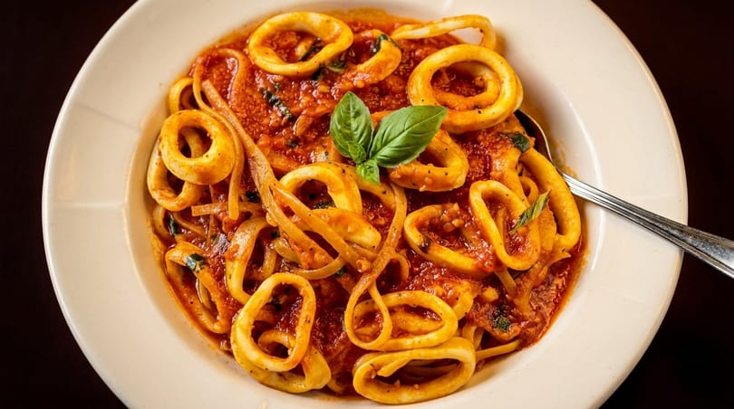 Close-up of calamari pasta with red sauce and basil in a white bowl with a spoon.