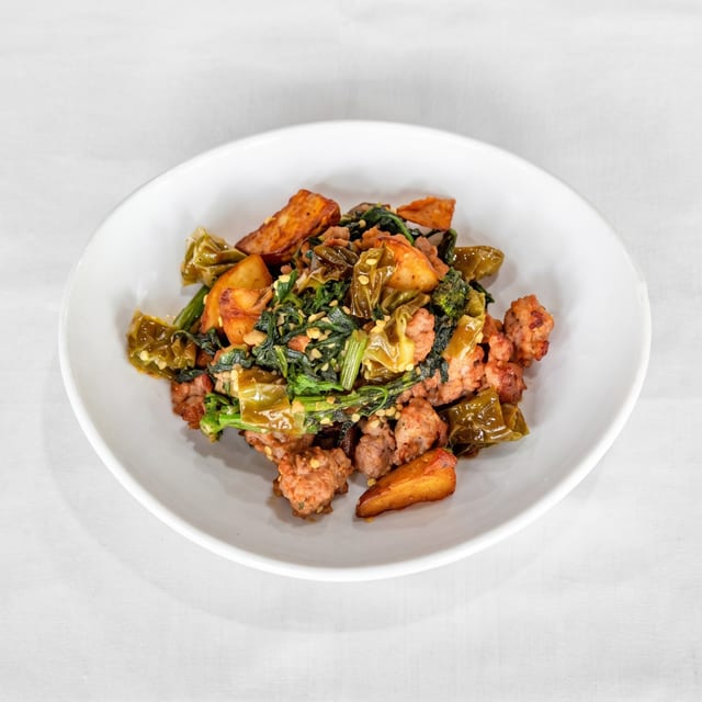 Sausage, Long Hot Peppers, Potatoes, and Broccoli Rabe.